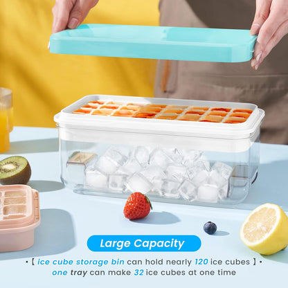 KINGTACK Ice Cube Tray with Lid and Bin, 32 pcs Ice Cubes Molds, Ice Trays for Freezer, with 1 tray, Ice Freezer Container, Spill-Resistant Removable Lid & Ice Scoop, for Whiskey,Cocktail, Blue