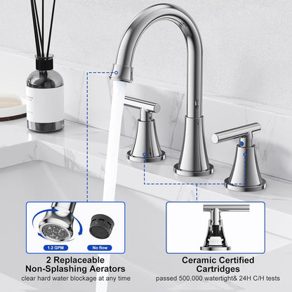 KINGTACK Bathroom Faucet, Chrome Bathroom Sink Faucet with Pop-up Drain and Supply Lines, Stainless Steel Lead-Free Widespread Faucet for Bathroom Sink Vanity RV Farmhouse Sink, 2 Pack