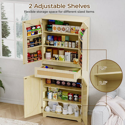 Flycity 72" Tall Kitchen Pantry, Rattan Pantry Cabinet, Storage Cabinet with Doors and Shelves for Kitchen Dining Living Room, 72" H x 15.8" W x 30" D