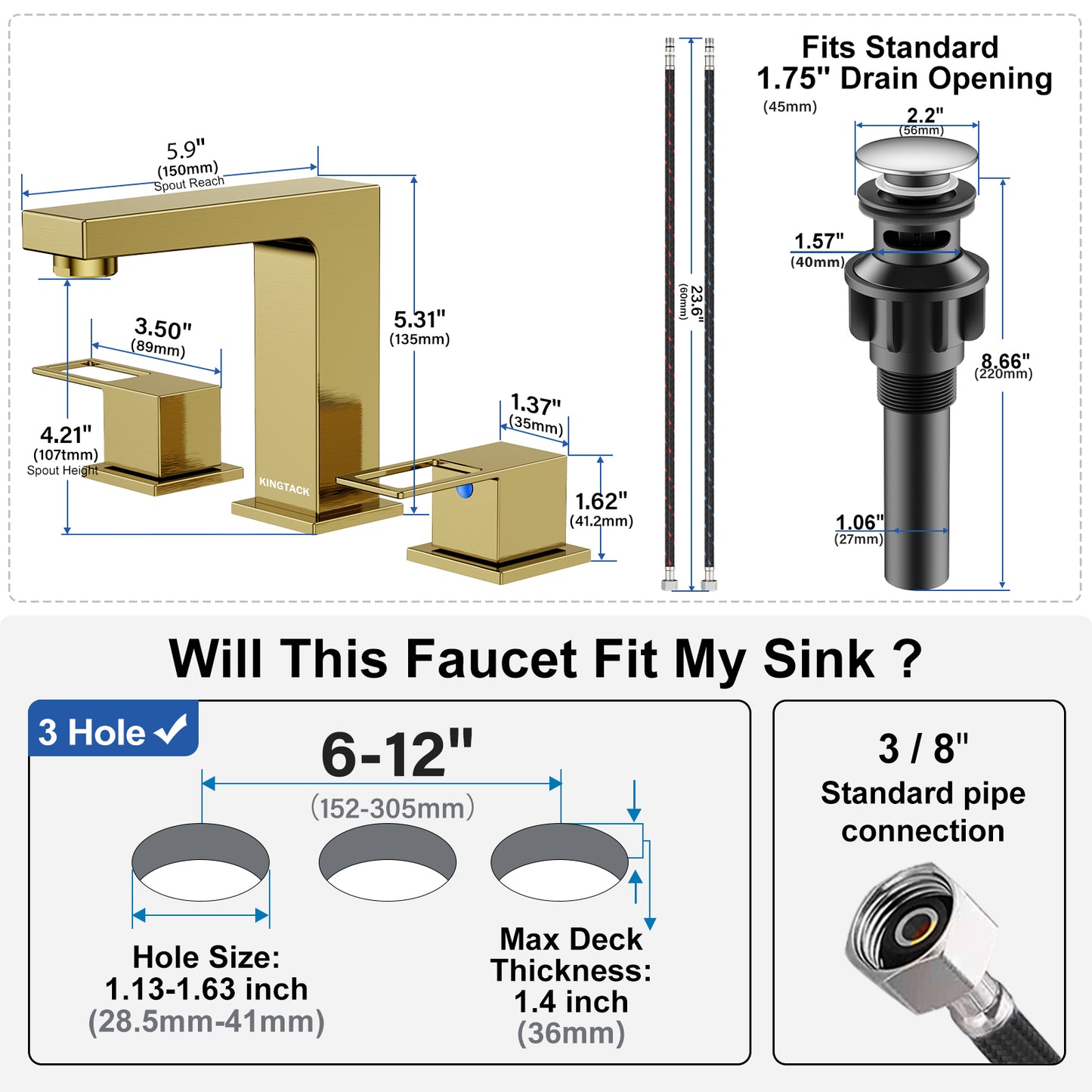 KINGTACK Widespread Bathroom Faucet Two Handle Bathroom Sink Faucet, 8-Inch 3 Pieces Bathroom Vanity Faucet 3 Hole Lavatory Faucet with Supply Lines, Gold