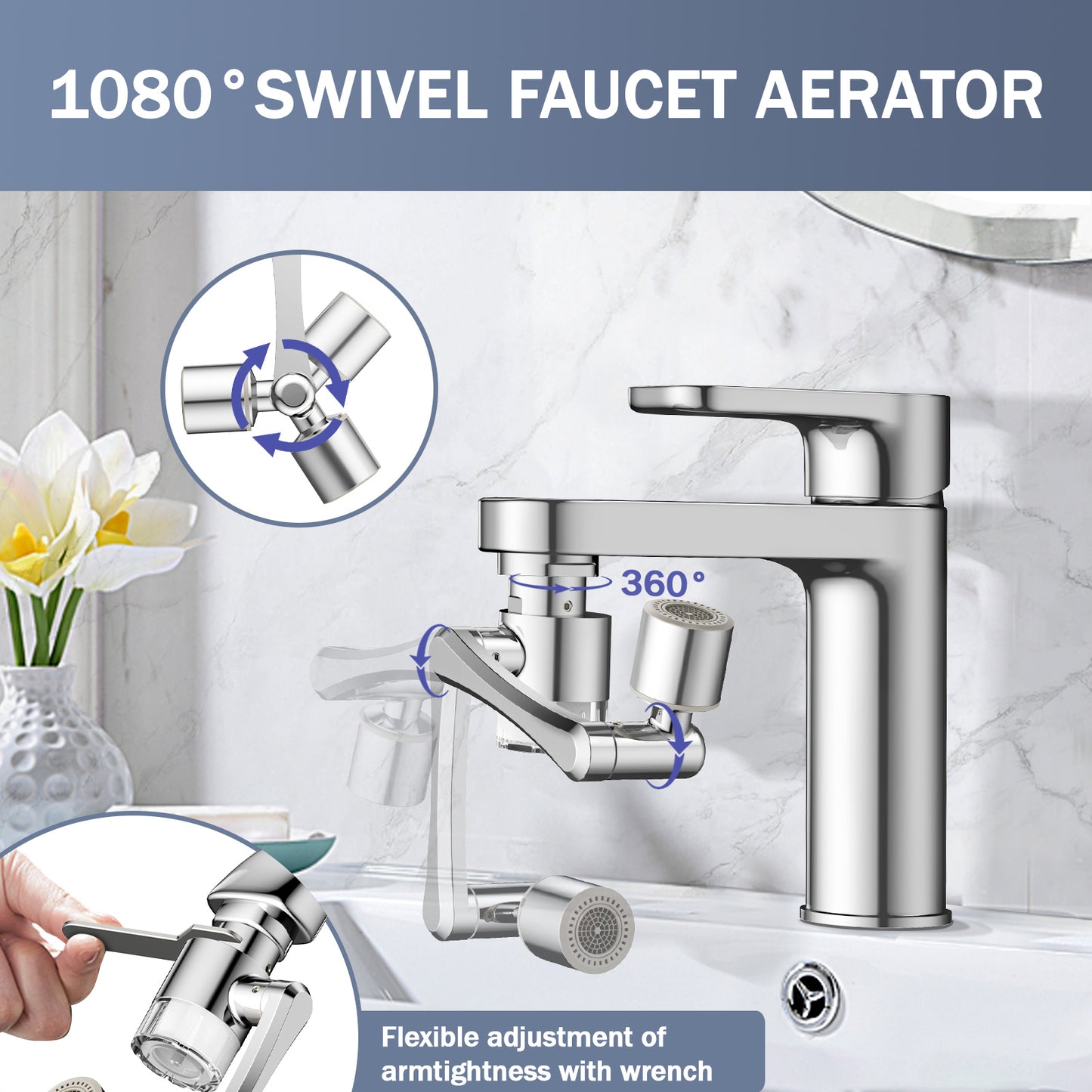 KINGTACK 1080° Swivel Faucet Extender, Sink Water Faucet Aerator Extension, 2 Mode Splash Water Filter Extension, Kitchen Bathroom 360° Rotatable Spray Attachment, 8pcs Replacement Filter