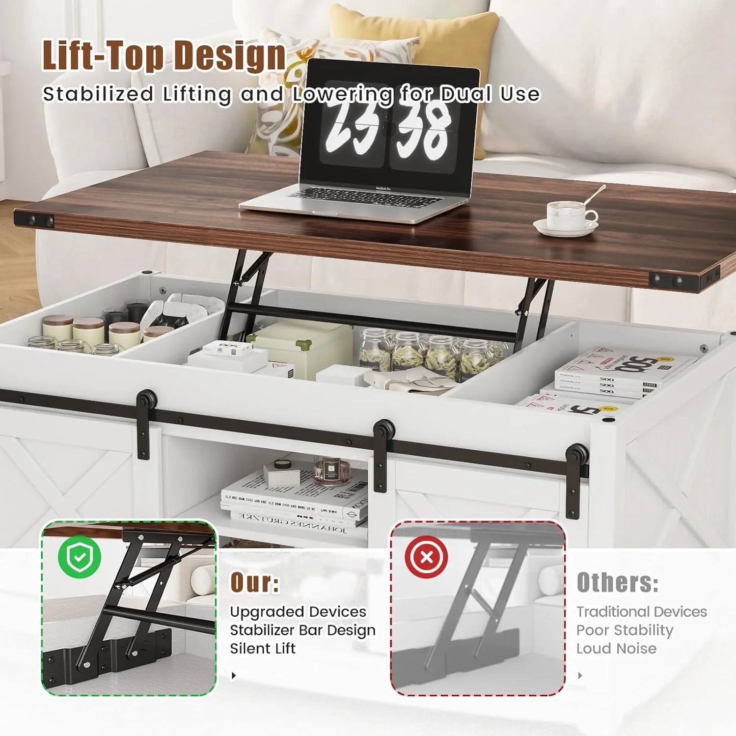 Flycity 48" Farmhouse Lift Top Coffee Table with Storage Sliding Barn Door, Lifting Tabletop Rustic Center Table with Large Hidden Compartment for Living Room, White & Brown