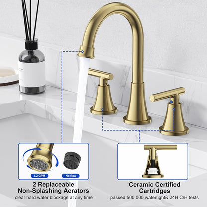 KINGTACK Bathroom Faucets for Sink 3 Hole, Brushed Gold Bathroom Sink Faucet with Pop-up Drain and Supply Lines, Stainless Steel Lead-Free Widespread Faucet for Bathroom Sink Vanity RV Sink, 2 Pack...