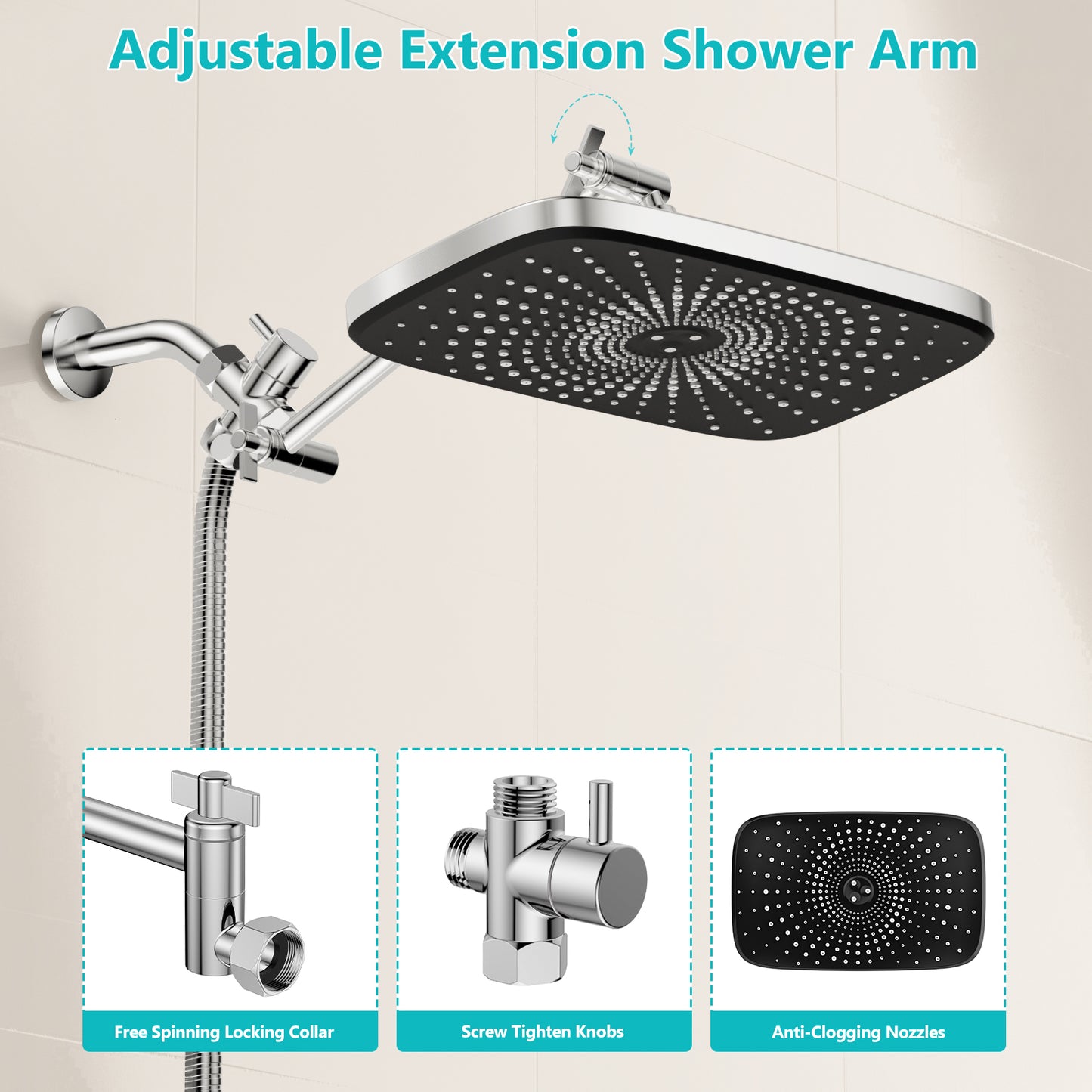 KINGTACK 12 Inch Rain Shower Head, High Pressure Shower Heads with 5 Spray Filtered Shower Head, Chrome