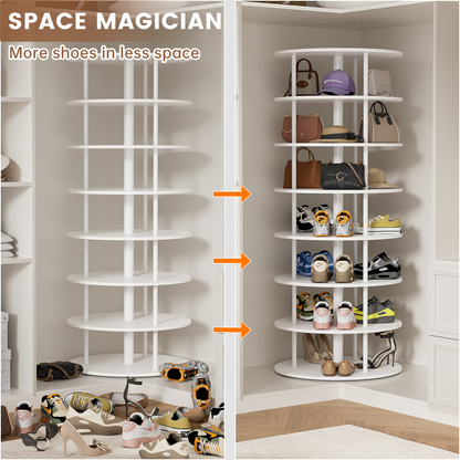Flycity 7 Tier Rotating Shoe Rack Tower, 360° Spinning Shoe Organizer, Vertical Handbag & Shoe Carousel, Revolving Shoes Closet Storage Rack, White