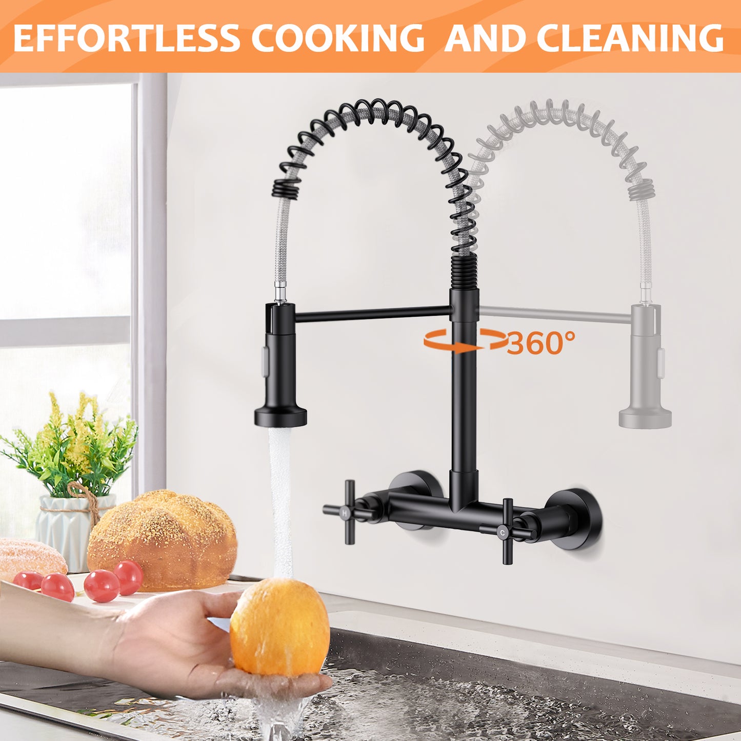 KINGTACK Wall Mount Kitchen Faucet,8 inch Commercial Sink Faucet with Sprayer, Dual Handles Utility Sink Faucet for Kitchen Laundry Restaurant, Matte Black