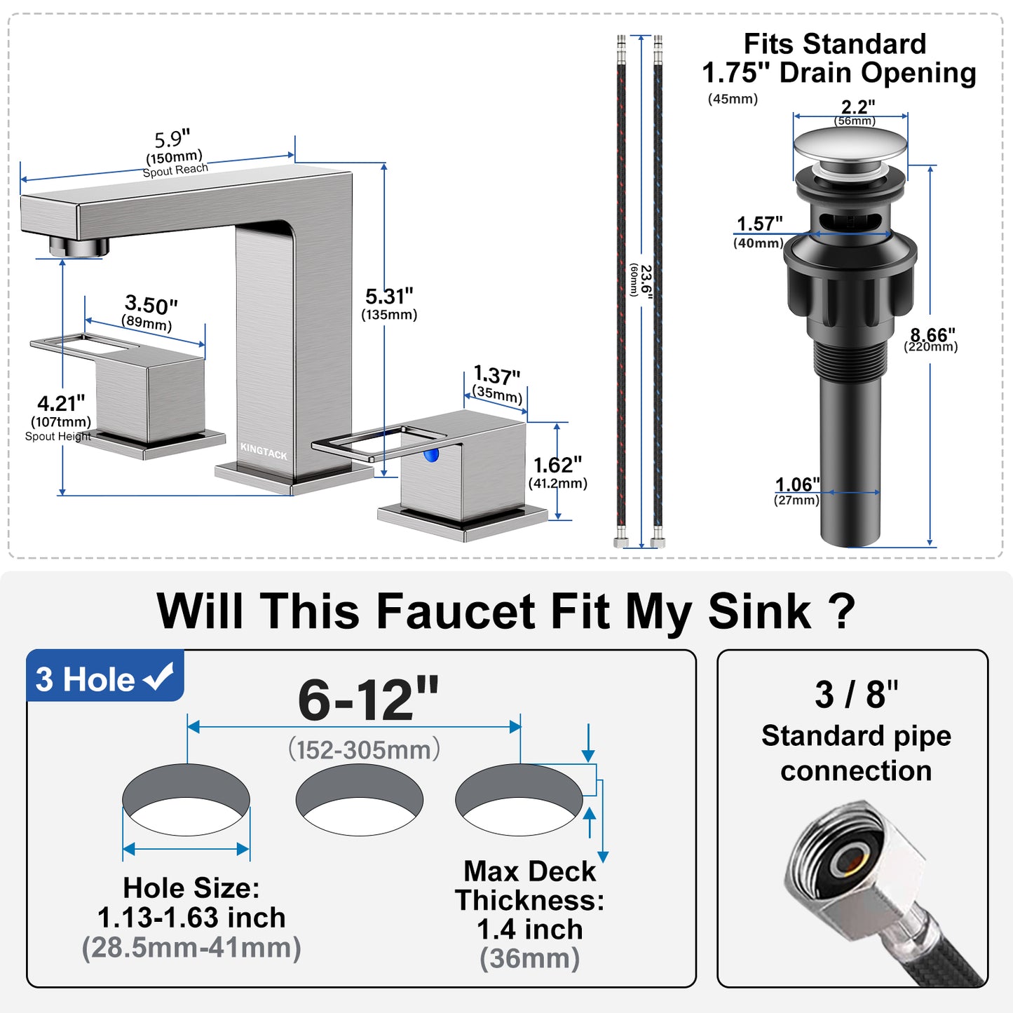 KINGTACK Bathroom Sink Faucet, 8 inch Brushed Nickel Bathroom Faucet with Pop Up Drain, 2 Handle Vanity Faucet with Water Supply Hoses