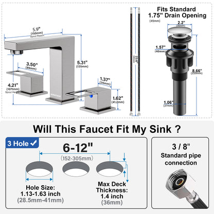 KINGTACK Bathroom Sink Faucet, 8 inch Brushed Nickel Bathroom Faucet with Pop Up Drain, 2 Handle Vanity Faucet with Water Supply Hoses