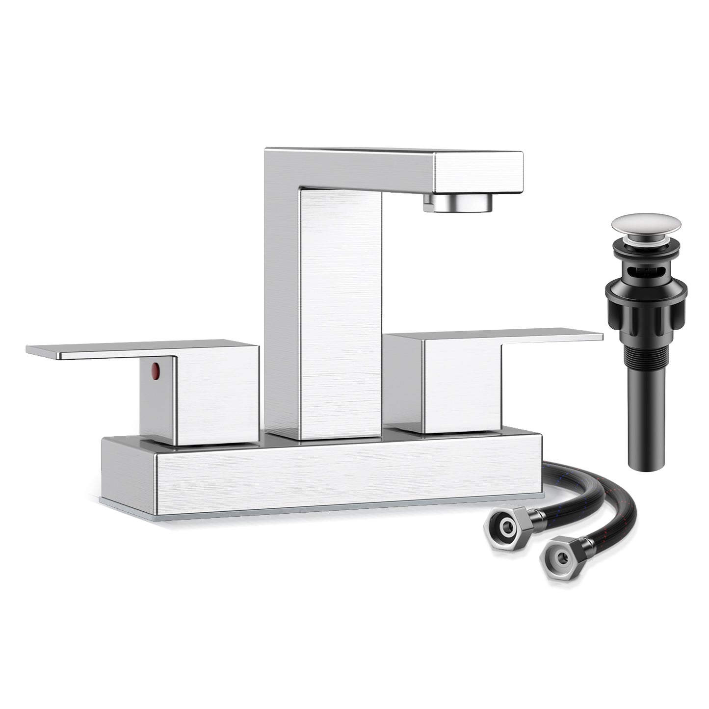 KINGTACK Bathroom Sink Faucet, 4 inch Brushed Nickel Bathroom Faucets for Sink 3 Hole with Pop-up Drain and Supply Lines, Stainless Steel 2-Handle Lead-Free Faucet for Bathroom Sink Vanity Restroom