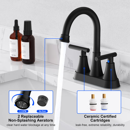KINGTACK Bathroom Faucets 4 Inch Bathroom Sink Faucet, Stainless Steel Lead-Free 2-Handle Centerset Faucet with Pop-up Drain and 2 Supply Hoses Fits 2 or 3-hole Sink, Matte Black