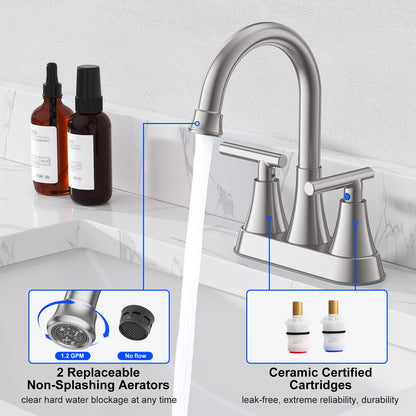 KINGTACK Bathroom Sink Faucet, 4 inch 2-Handle Bathroom Faucets with Pop-up Drain and 2 Supply Hoses, Fits 2 or 3-hole Sink, Brushed Nickel