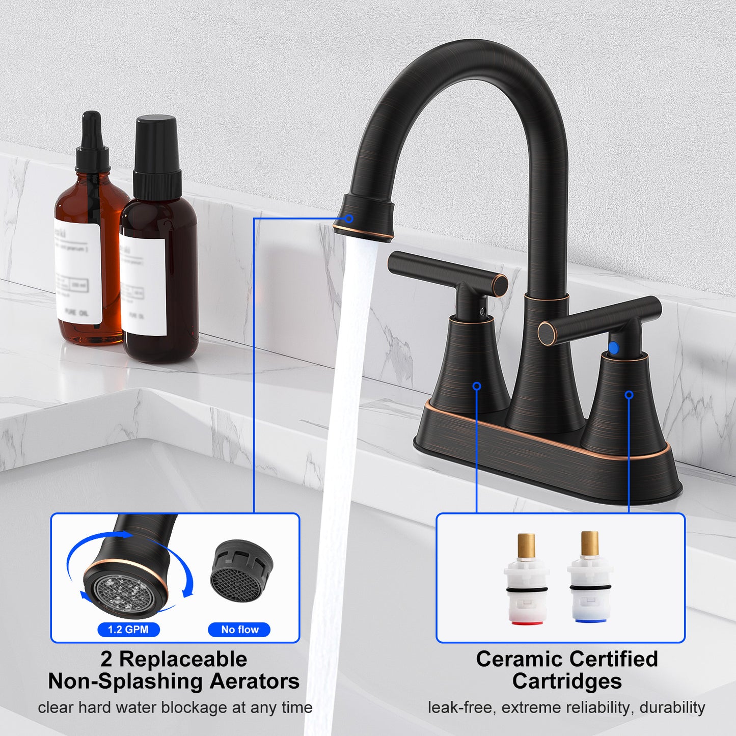 KINGTACK Bathroom Faucets, 4 inch Bathroom Sink Faucet, Stainless Steel Lead-Free 2-Handle Centerset Faucet with Pop-up Drain and 2 Supply Hoses, Fits 2 or 3-hole Sink, Oil Rubbed Bronze