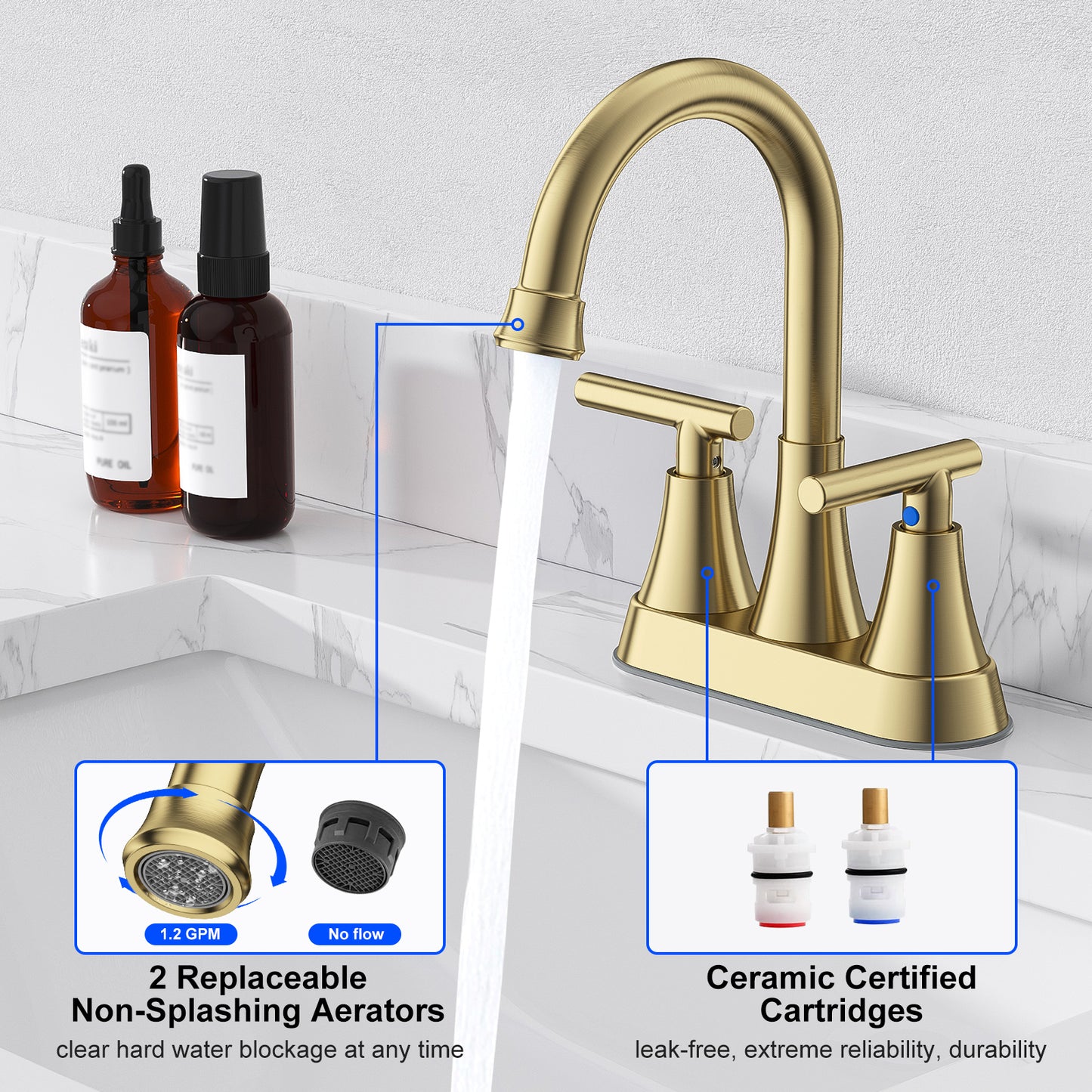 KINGTACK Bathroom Sink Faucet, 4 inch 2-Handle Gold Bathroom Faucet with Pop-up Drain and 2 Supply Hoses, Fits 2 or 3-hole Sink