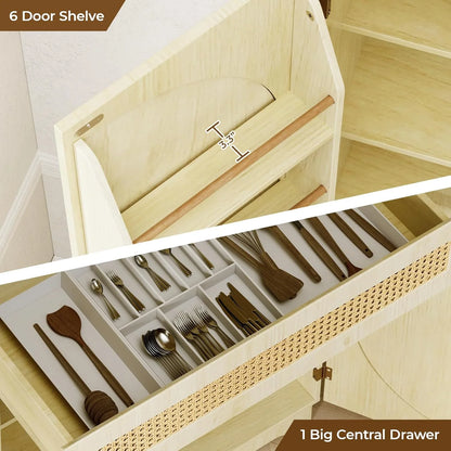 Flycity 72" Tall Kitchen Pantry, Rattan Pantry Cabinet, Storage Cabinet with Doors and Shelves for Kitchen Dining Living Room, 72" H x 15.8" W x 30" D