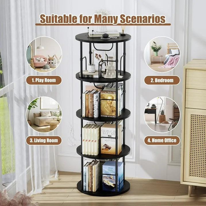 Flycity 4 Tier Rotating Bookshelf, 360° Display Rotating Bookcase Corner Storage Rack with Special Visible Partition Storage, Black