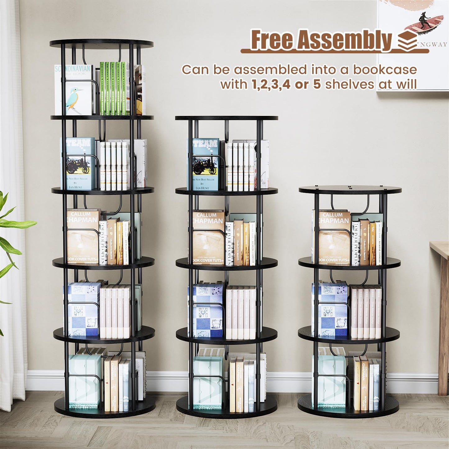 Flycity 5 Tier Rotating Bookshelf, 360° Display Rotating Bookcase Corner Storage Rack with Special Visible Partition Storage, Black