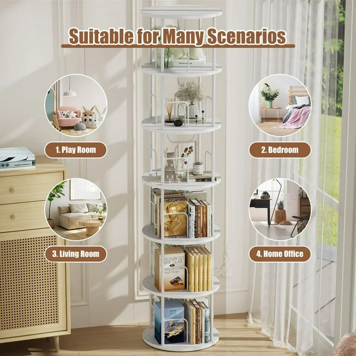 Flycity 6 Tier Rotating Bookshelf, 360° Display Rotating Bookcase Corner Storage Rack with Special Visible Partition Storage, White