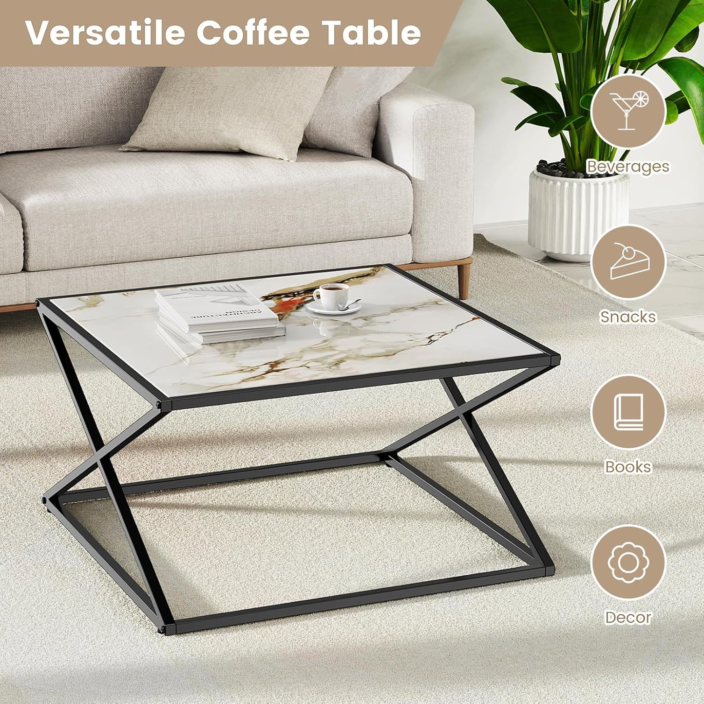 Flycity 27.6 Inch Marble Coffee Table, White Top Small Square Coffee Table with Black Metal Frame, Simple Modern Center Coffee Table for Living Room Home Office