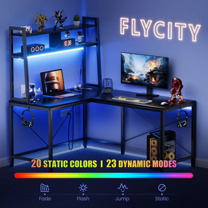 Flycity 93.3 inch L Shaped Gaming Desk with Hutch, LED Lights & Power Outlets, Ergonomic L-Shaped Gaming Desk with Storage Shelves for Home Office, Black