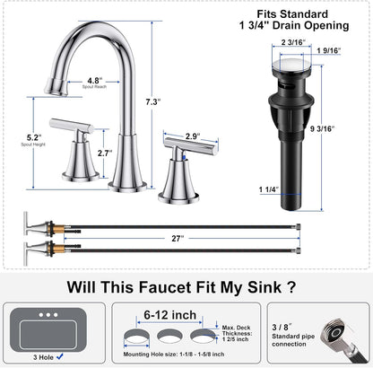 KINGTACK Bathroom Faucet, Chrome Bathroom Sink Faucet with Pop-up Drain and Supply Lines, Stainless Steel Lead-Free Widespread Faucet for Bathroom Sink Vanity RV Farmhouse Sink, 2 Pack