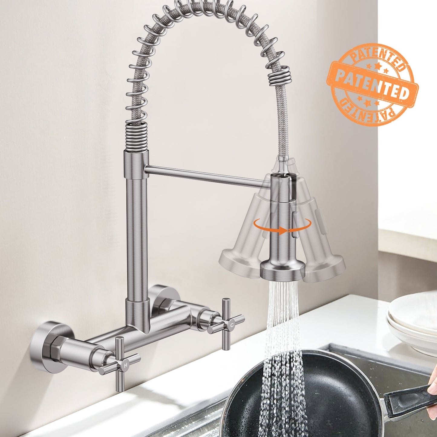 KINGTACK Wall Mount Kitchen Faucet,8 inch Commercial Sink Faucet with Sprayer, Dual Handles Utility Sink Faucet for Kitchen Laundry Restaurant,Stainless Steel