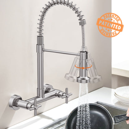 KINGTACK Wall Mount Kitchen Faucet,8 inch Commercial Sink Faucet with Sprayer, Dual Handles Utility Sink Faucet for Kitchen Laundry Restaurant,Stainless Steel