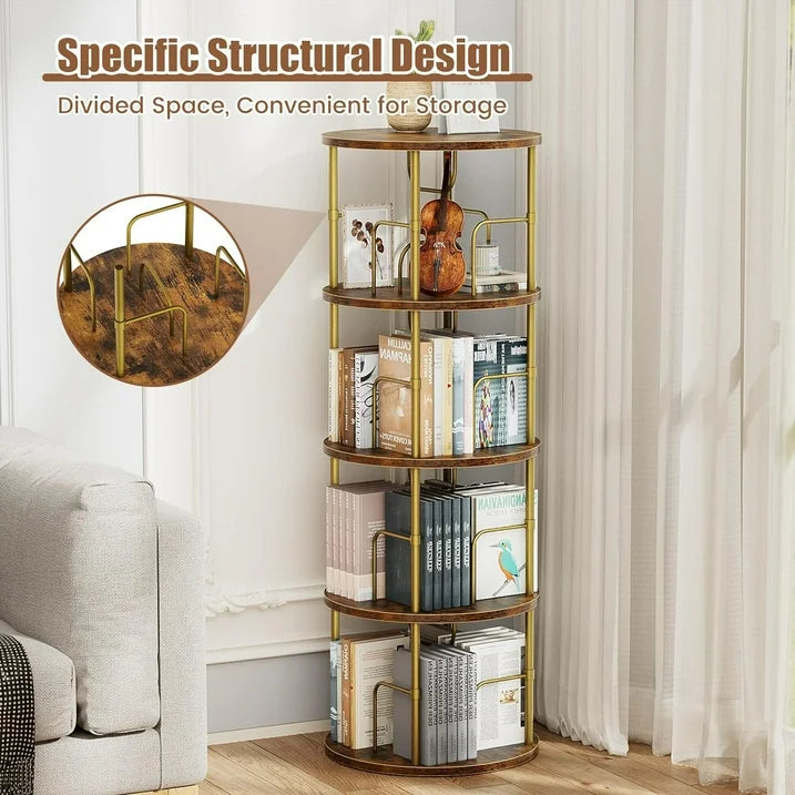 Flycity 4 Tier Rotating Bookshelf, 360° Display Rotating Bookcase Corner Storage Rack with Special Visible Partition Storage, Gold