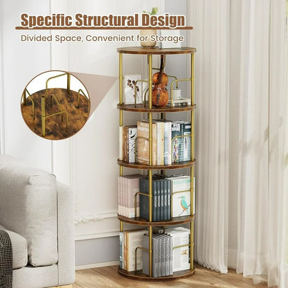 Flycity 4 Tier Rotating Bookshelf, 360° Display Rotating Bookcase Corner Storage Rack with Special Visible Partition Storage, Gold