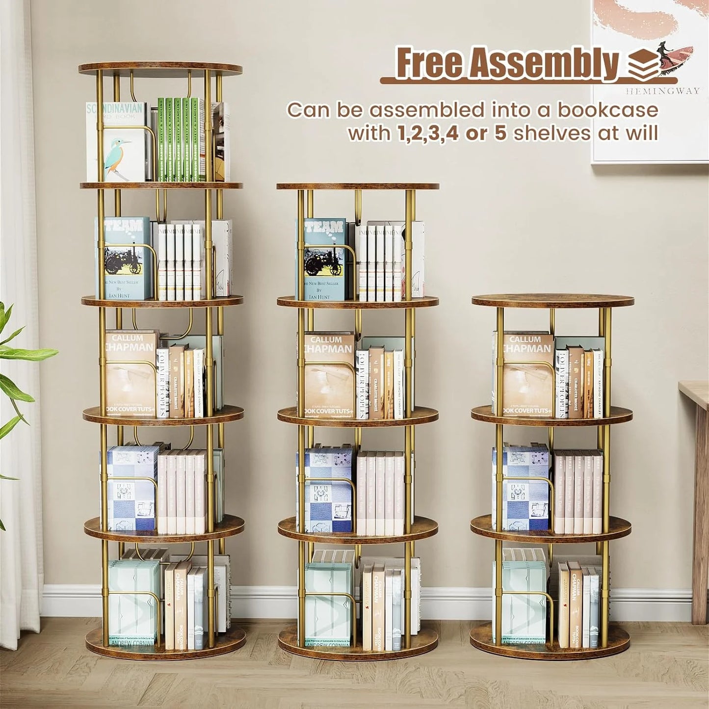 Flycity 5 Tier Rotating Bookshelf, 360° Display Rotating Bookcase Corner Storage Rack with Special Visible Partition Storage, Gold