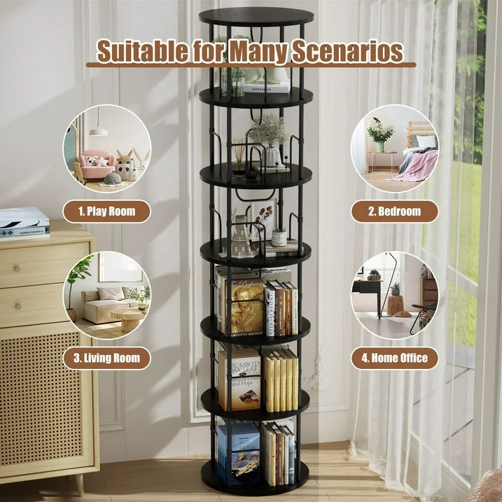 Flycity 6 Tier Rotating Bookshelf, 360° Display Rotating Bookcase Corner Storage Rack with Special Visible Partition Storage, Black