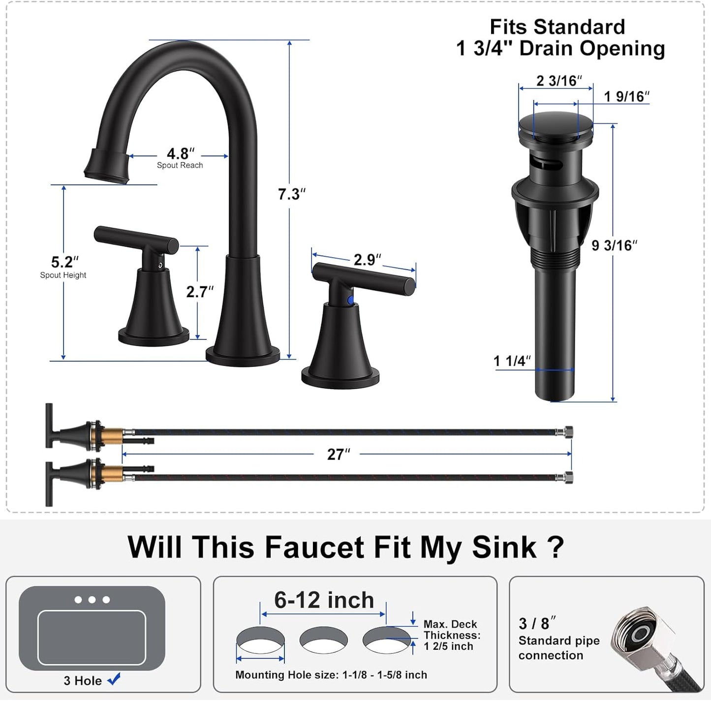 KINGTACK Bathroom Faucets, Matte Black Bathroom Faucet with Pop-up Drain and Supply Lines, Stainless Steel Lead-Free Widespread Faucet for Bathroom Sink Vanity RV Farmhouse Sink, 2 Pack