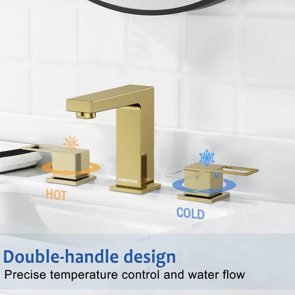 KINGTACK Bathroom Faucet for Sink 3 Hole, 8 inch Brushed Gold Bathroom Faucet with Pop Up Drain, 2 Handle Vanity Faucet with Water Supply Hoses