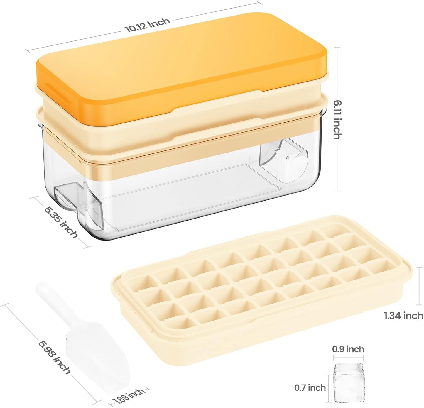 KINGTACK Ice Cube Tray, Ice Trays for Freezer, Ice Cube Tray With Lid and Bin, Making 64 pcs Ice Cubes, Chilling Cocktail, Whiskey, Coffee, with 2 trays, Ice Container, Scoop&Cover, BPA Free, Yellow