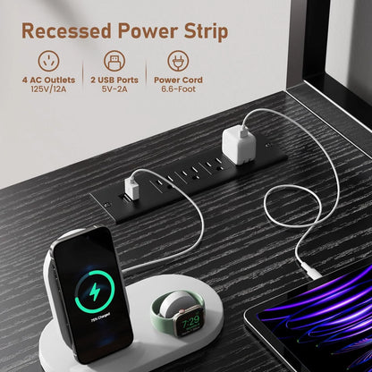 Flycity Computer Desk with Printer Stand & Hutch, 69 Inch Gaming Desk with LED Lights & Power Outlets, Home Office Desk with Storage Shelves & Hooks for Living Room, Small Spaces, Black