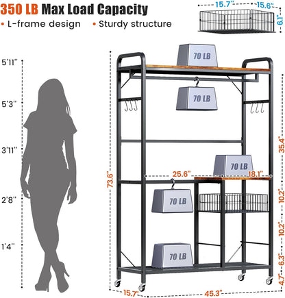 Flycity Heavy Duty Clothes Garment Rack with Drawers, Adjustable Free Standing Closet Ironwood Clothing Storage Shelves Rack for Hanging Clothes, Easy to Assemble & Sturdy with Wheels and Hooks