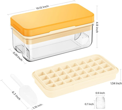 KINGTACK Ice Cube Tray with Lid and Bin, 32 pcs Ice Cubes Molds, Ice Trays for Freezer, with 1 tray, Ice Freezer Container, Spill-Resistant Removable Lid & Ice Scoop, for Whiskey,Cocktail, Yellow