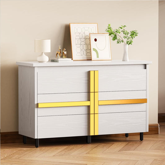 FLYCITY 6 Drawer 47.2'' Dresser for Bedroom, Modern Dresser Wood Storage Cabinet with Gold Handle, Large & Long Dresser(White)