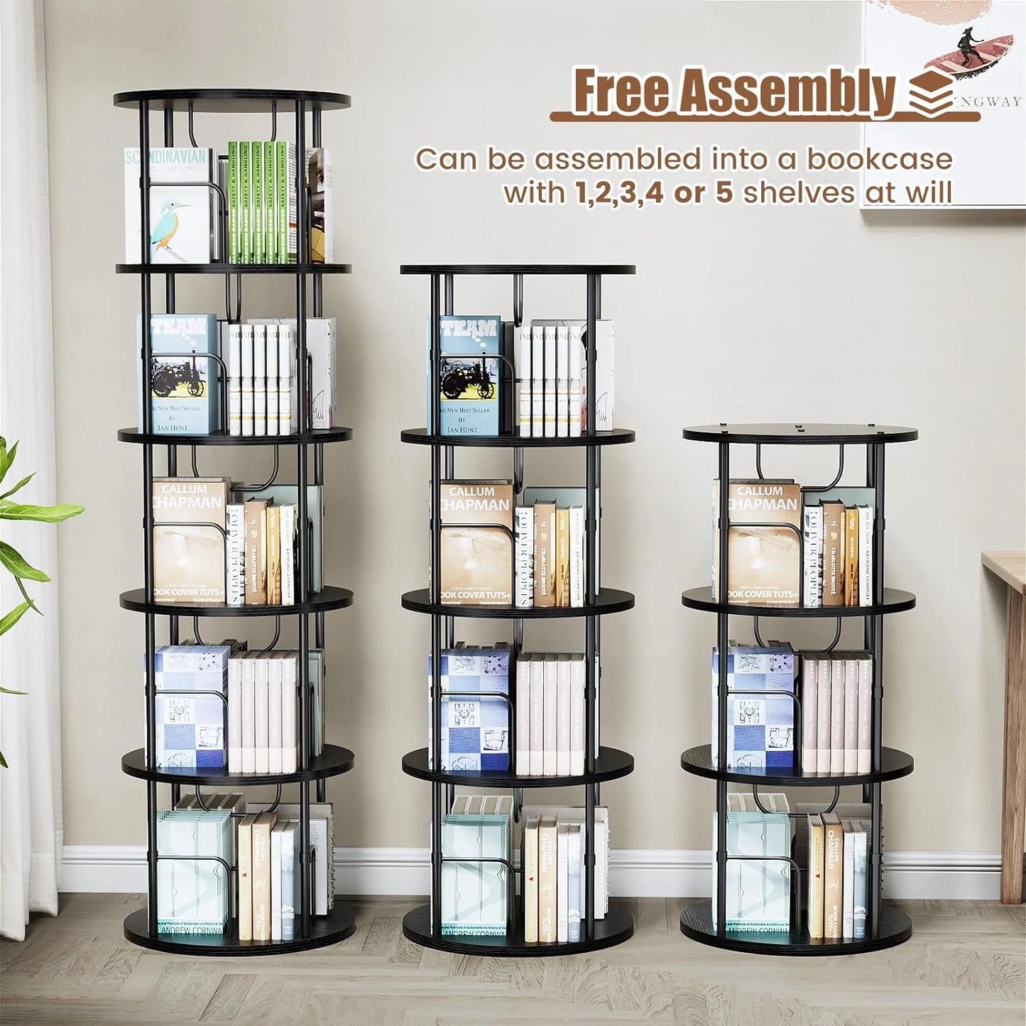 Flycity 3 Tier Rotating Bookshelf, 360° Display Rotating Bookcase Corner Storage Rack with Special Visible Partition Storage, Black