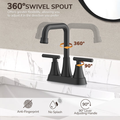 KINGTACK Bathroom Sink Faucet, 4 inch Matte Black Bathroom Faucets with Pop-up Drain and Supply Lines, Stainless Steel 2-Handle Centerset Faucet for Bathroom Faucet 3 Hole