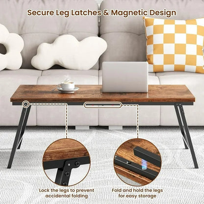 Flycity No Assembly Mini Folding Coffee Table, Leg Latches Portable Sturdy Floor Table Desk for Sitting on The Floor, Low Coffee Table for Living Room, Home, Office, Rustic Brown, 31.5"×15.75"×14.37"