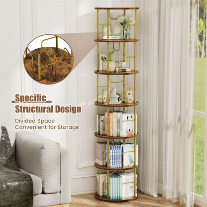 Flycity 6 Tier Rotating Bookshelf, 360° Display Rotating Bookcase Corner Storage Rack with Special Visible Partition Storage, Gold