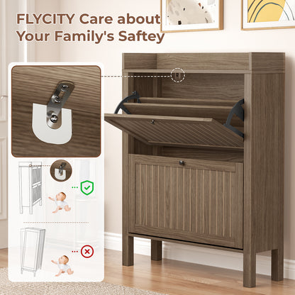 Flycity Shoe Storage Cabinet with 2 Flip Drawers, Freestanding Organizer with Open Storage, Narrow Farmhouse Shoe Rack with Legs for Entryway, Light walnut