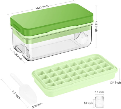 KINGTACK Ice Cube Tray with Lid and Bin, 32 pcs Ice Cubes Molds, Ice Trays for Freezer, with 1 tray, Ice Freezer Container, Spill-Resistant Removable Lid & Ice Scoop, for Whiskey,Cocktail, Green
