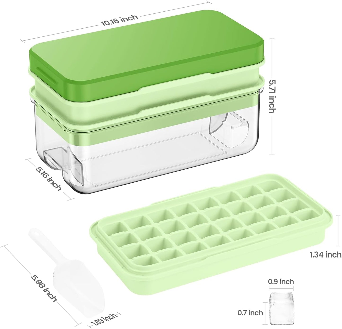 KINGTACK Ice Cube Tray, Ice Trays for Freezer, Ice Cube Tray With Lid and Bin, Making 64 pcs Ice Cubes, Chilling Cocktail, Whiskey, Coffee, with 2 trays, Ice Container, Scoop&Cover, BPA Free, Green