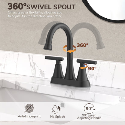 KINGTACK Bathroom Faucets 4 Inch Matte Black Bathroom Sink Faucet, Stainless Steel Lead-Free 2-Handle Centerset Faucet with Pop-up Drain and 2 Supply Hoses Fits 2 or 3-hole Sink