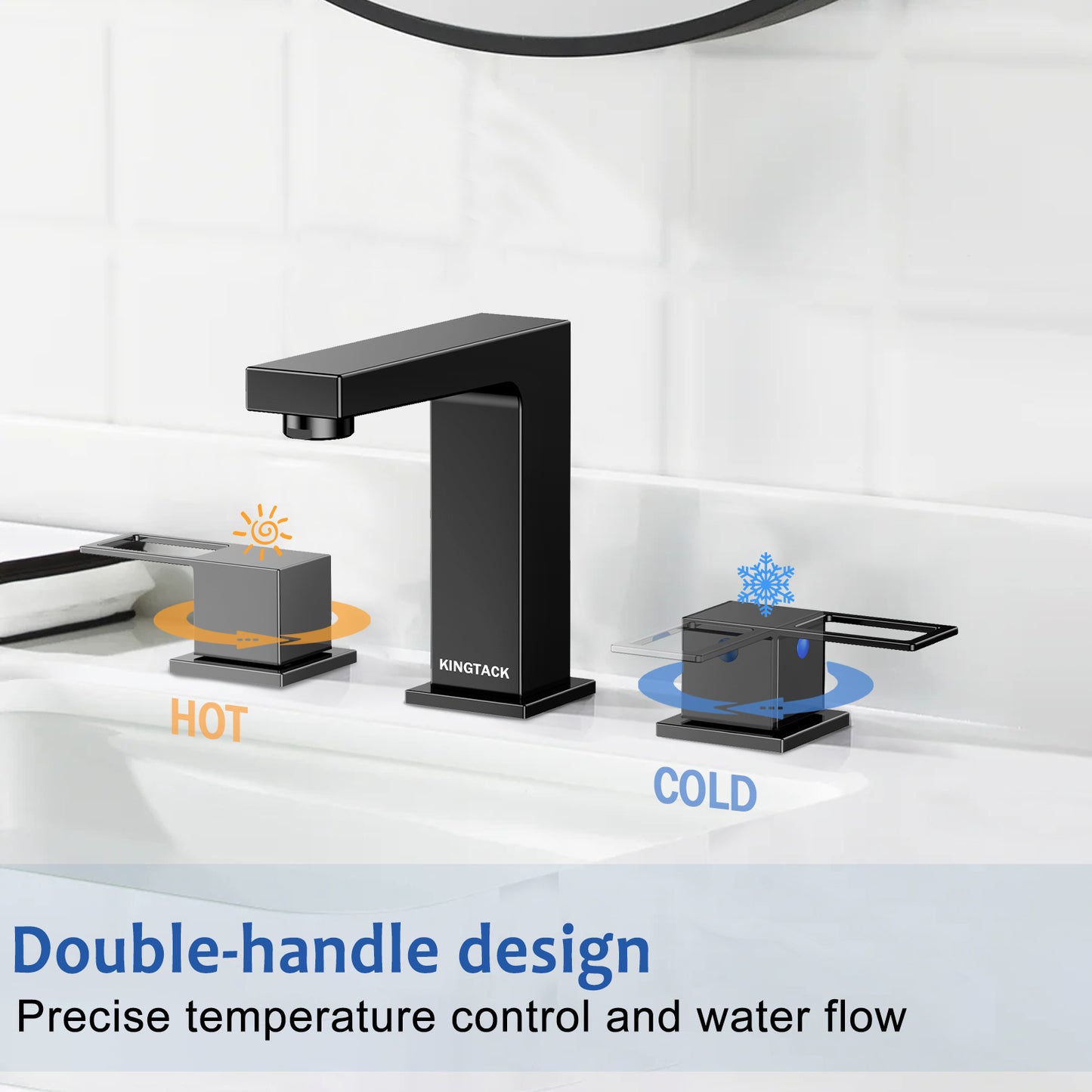 KINGTACK Matte Black Bathroom Faucet 3 Hole, 8 inch Widespread Bathroom Faucet with Pop Up Drain, 2 Handle Vanity Faucet with Water Supply Hoses