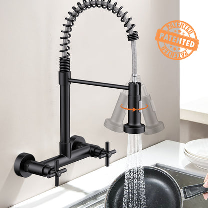 KINGTACK Wall Mount Kitchen Faucet,8 inch Commercial Sink Faucet with Sprayer, Dual Handles Utility Sink Faucet for Kitchen Laundry Restaurant, Matte Black