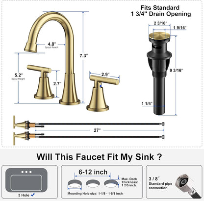 KINGTACK Bathroom Faucets for Sink 3 Hole, Brushed Gold Bathroom Sink Faucet with Pop-up Drain and Supply Lines, Stainless Steel Lead-Free Widespread Faucet for Bathroom Sink Vanity RV Sink, 2 Pack...