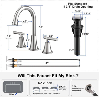 KINGTACK Bathroom Sink Faucet, Brushed Nickel Bathroom Faucets with Pop-up Drain and Supply Lines, Stainless Steel Lead-Free Widespread Faucet for Bathroom Sink Vanity RV Farmhouse Sink, 2 Pack