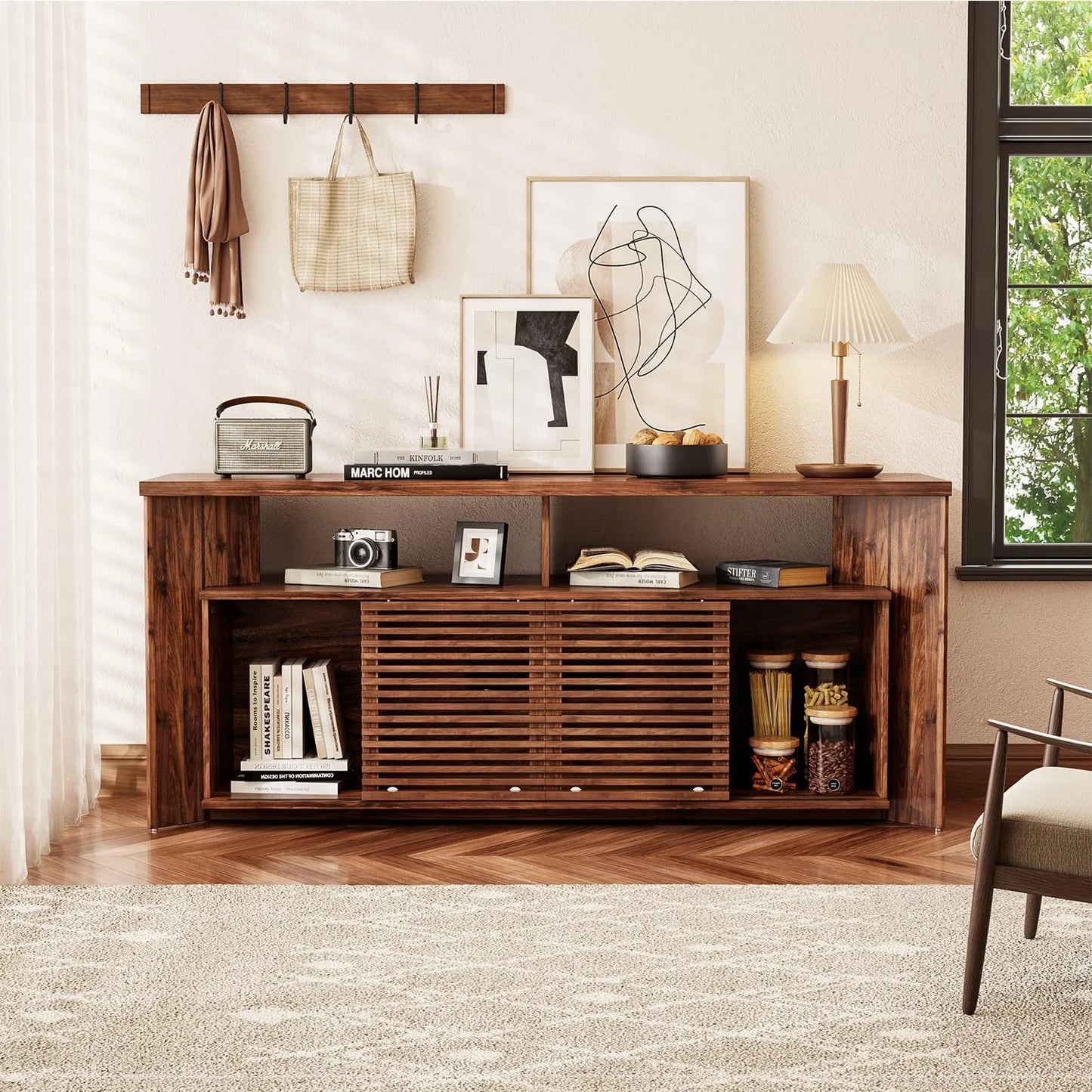 Flycity Mid Century Modern TV Stand for 55 60 65 Inch TVs, Entertainment Center with Sliding Doors & Storage, Wood Media Console for Living Room/Bedroom, Walnut Credenza TV Cabinet